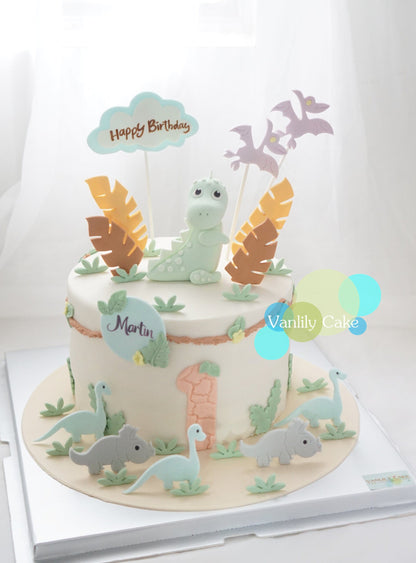 Vanlily Cake 恐龍主題造型蛋糕，淡雅色調搭配手工恐龍裝飾與叢林元素，並可加入訂造姓名，適合兒童慶生及1歲2歲3歲生日派對。