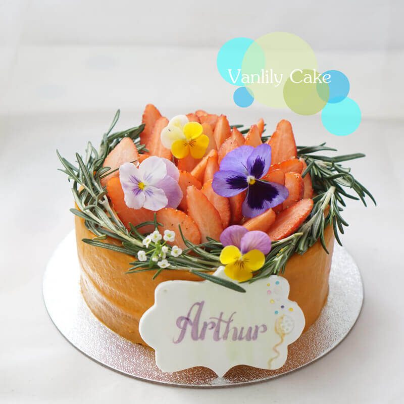 Vanlily Cake 純素香蕉生日蛋糕，展示淮山（白色外層）與蕃薯南瓜（黃色外層）兩款選擇，裝飾有新鮮水果、藍莓與迷迭香，適合一歲寶寶、素食與過敏人士。