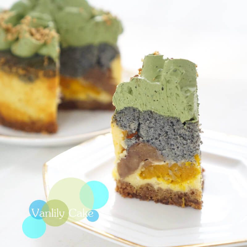 Vanlily Cake 栗子南瓜芝麻芝士蛋糕，展示精緻的三層結構：黃色南瓜芝士底層、深色黑芝麻中層，頂部裝飾有淡綠色波浪狀忌廉與栗子碎，呈現高雅的和風養生質感。